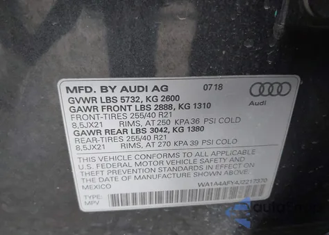 2018 Audi Sq5 3.0T Premium Plus из США, поврежденный, VIN WA1A4AFY4J2217370